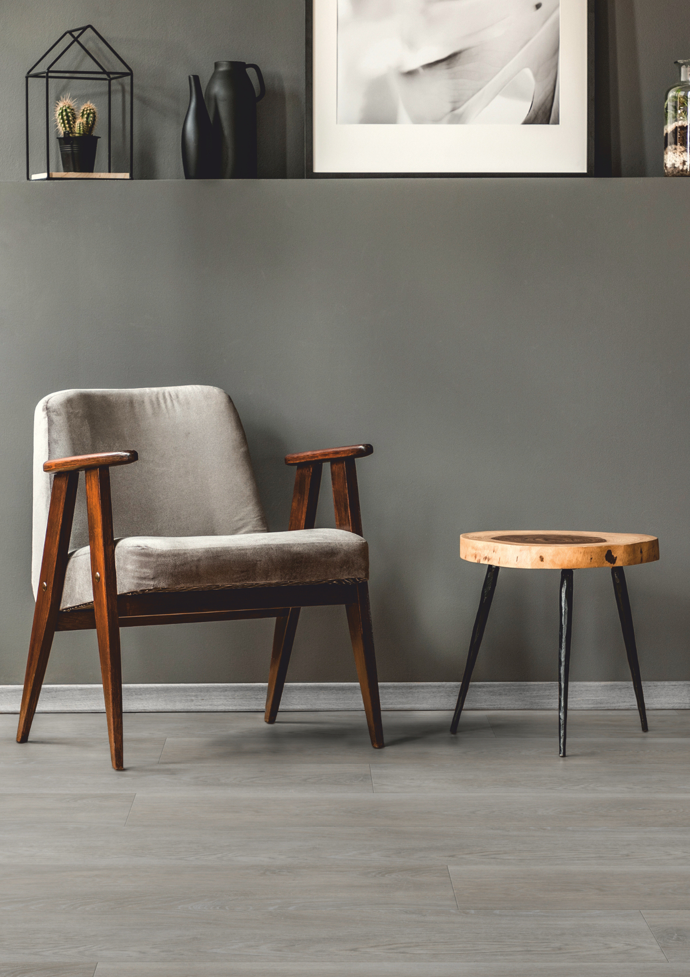 Landhausdiele Esche grau im Wohnzimmer