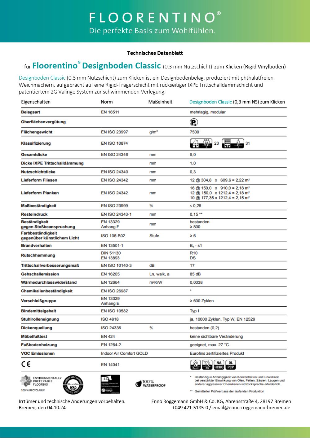Classic Vinylboden (Klickverbindung, 0,3 mm Nutzschicht) - Technisches Datenblatt