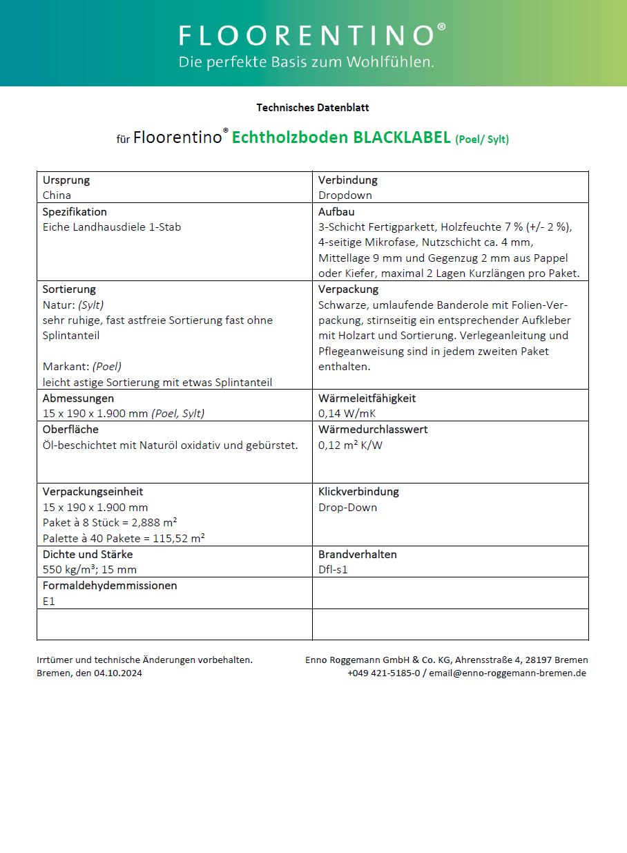 Blacklabel Poel Sylt Parkett - Technisches Datenblatt