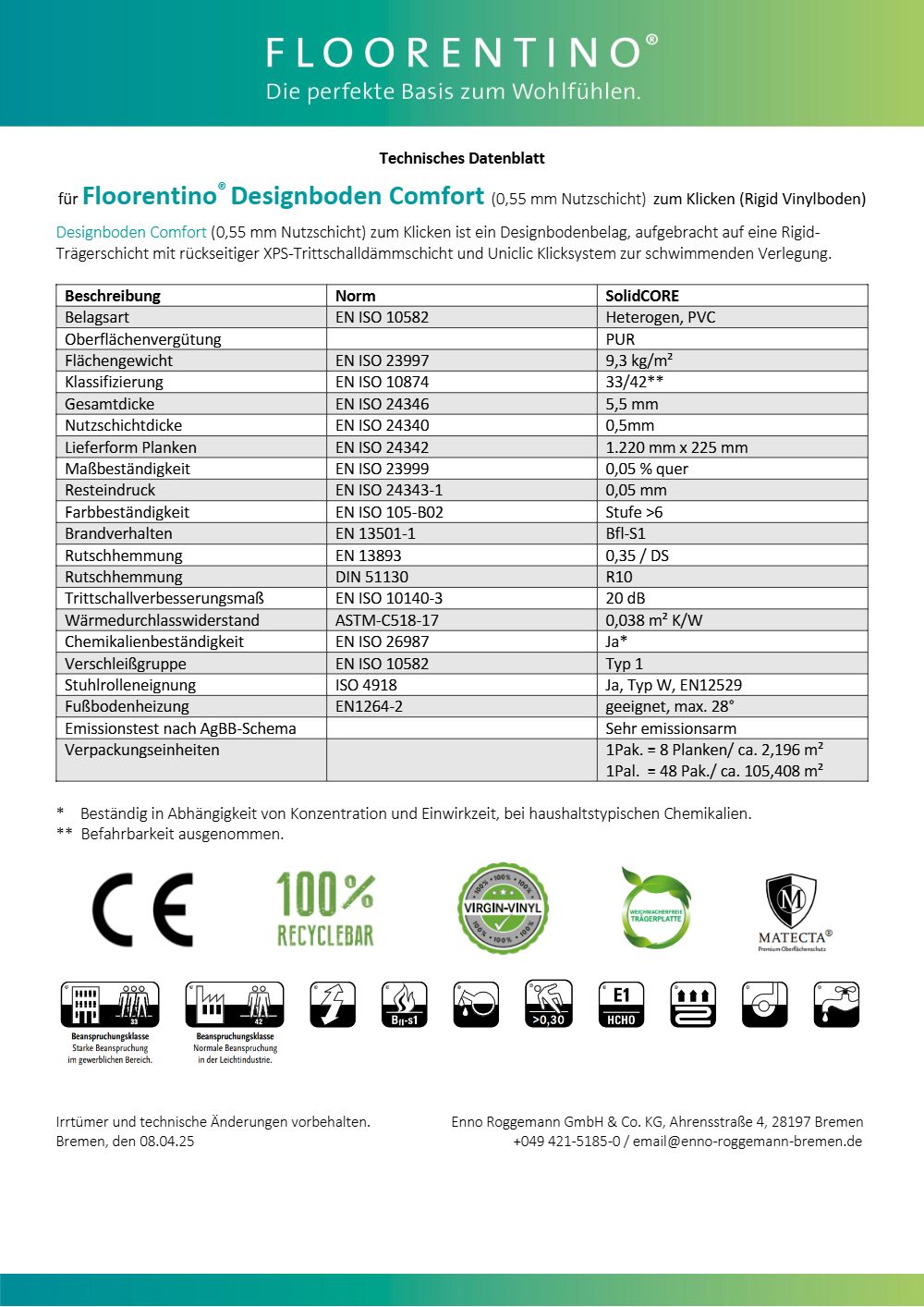 Comfort Designboden (0,55 mm Nutzschicht) - Technisches Datenblatt
