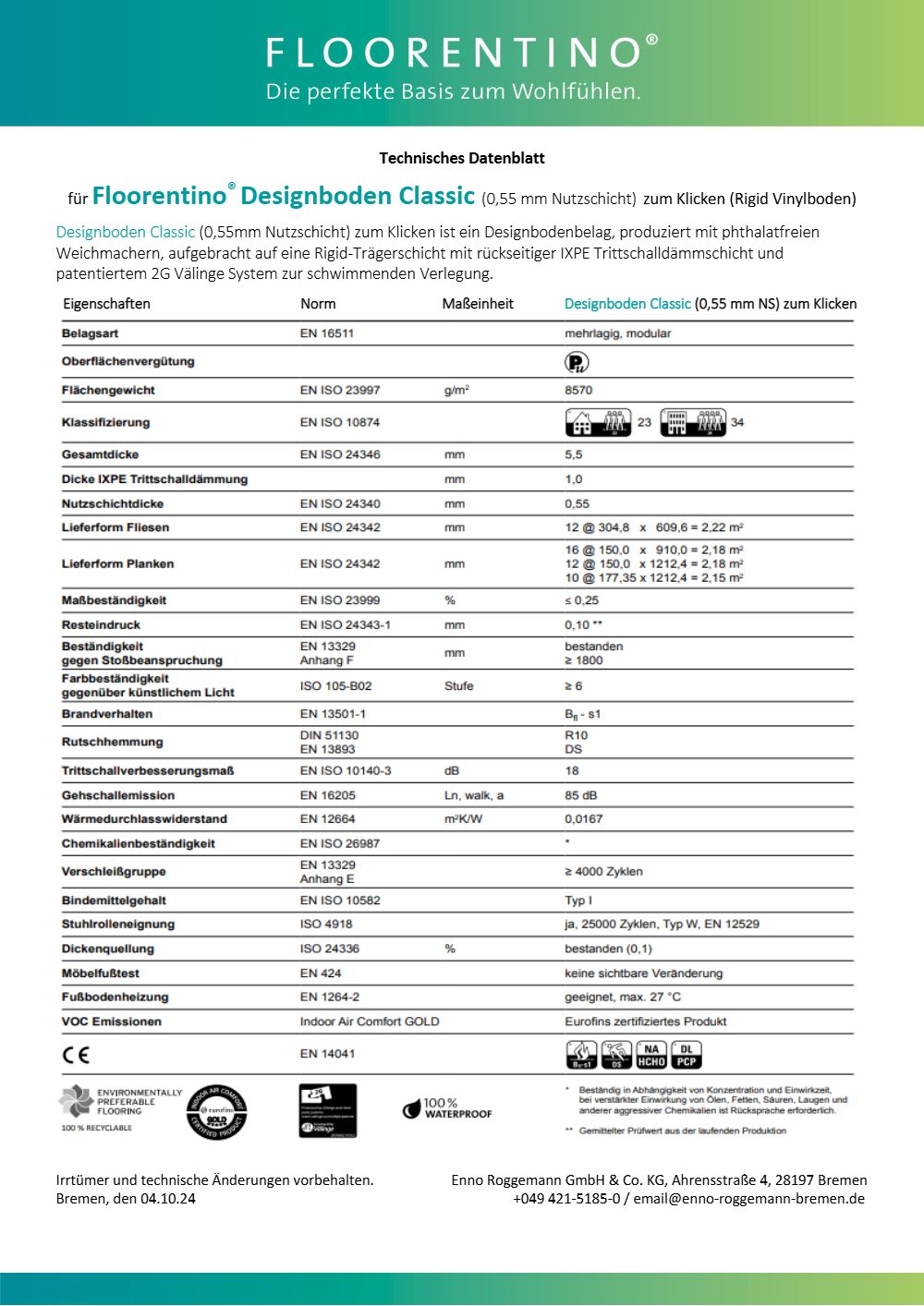 Classic Vinylboden (Klickverbindung, 0,55 mm Nutzschicht) - Technisches Datenblatt