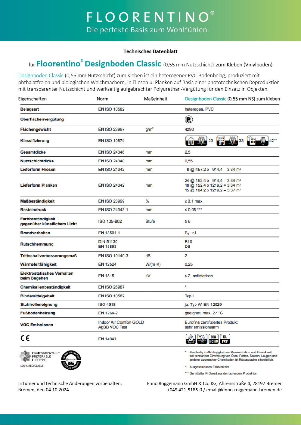 Classic Vinylboden (Klebeplanke, 0,55 mm Nutzschicht) - Technisches Datenblatt