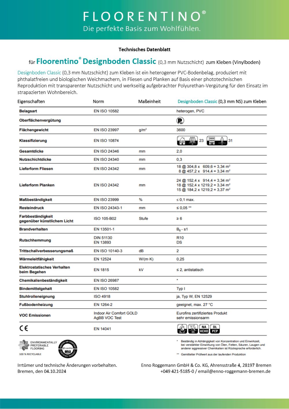 Classic Vinylboden (Klebeplanke, 0,3 mm Nutzschicht) - Technisches Datenblatt