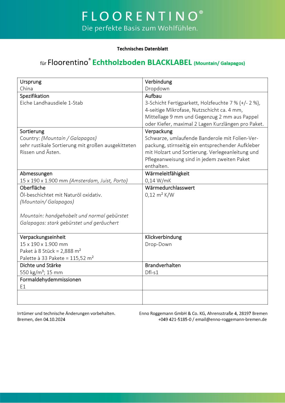 Blacklabel Mountain Galapagos Parkett- Technisches Datenblatt